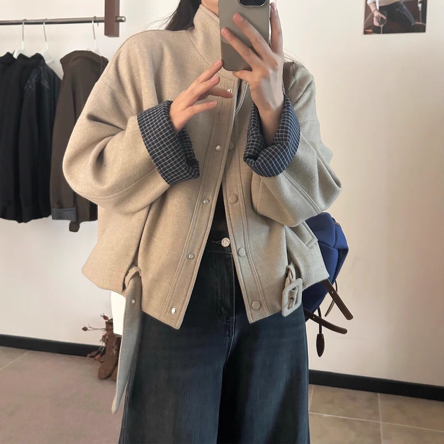 Chic Belted Cropped Wool-Blend Jacket (Brown)