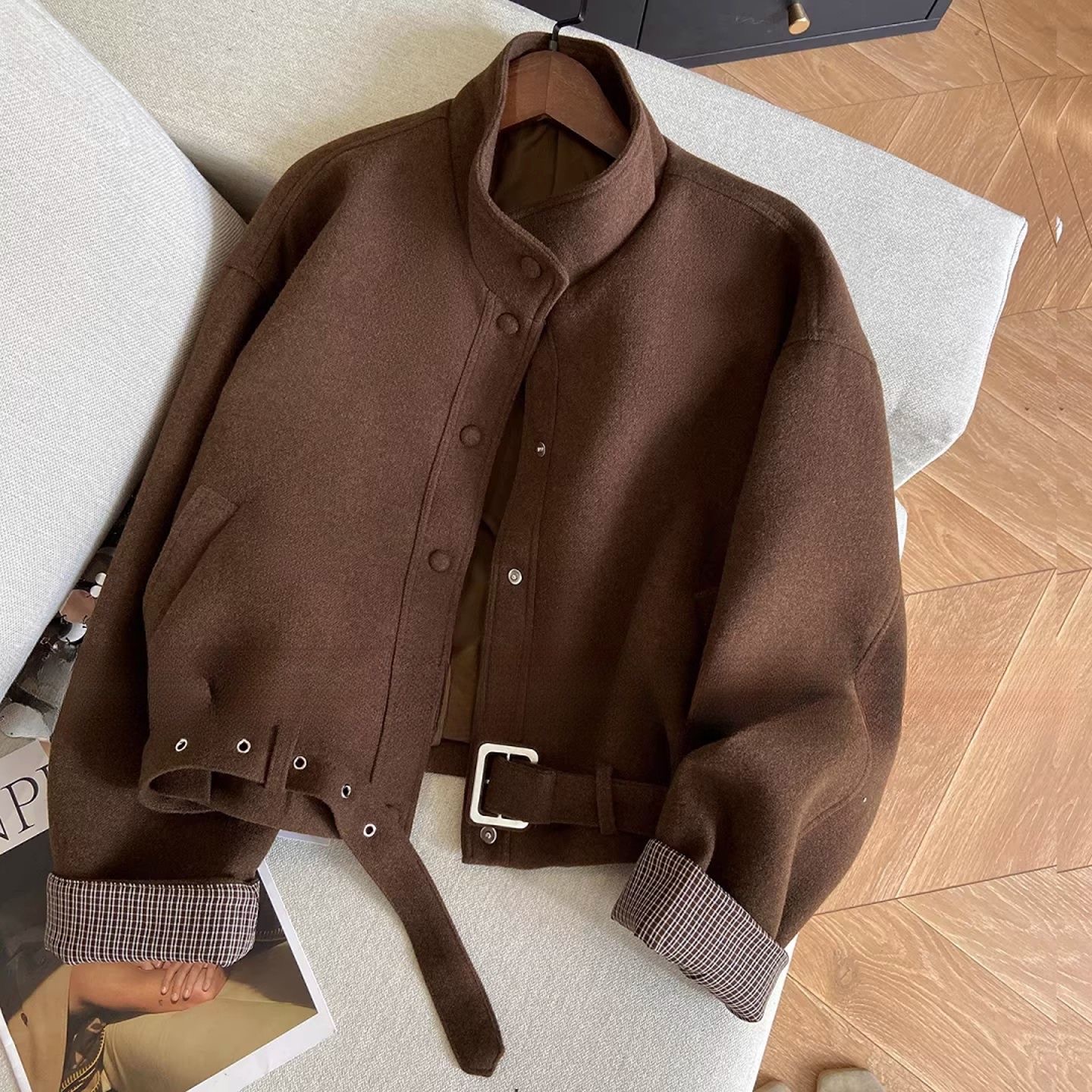 Chic Belted Cropped Wool-Blend Jacket (Brown)