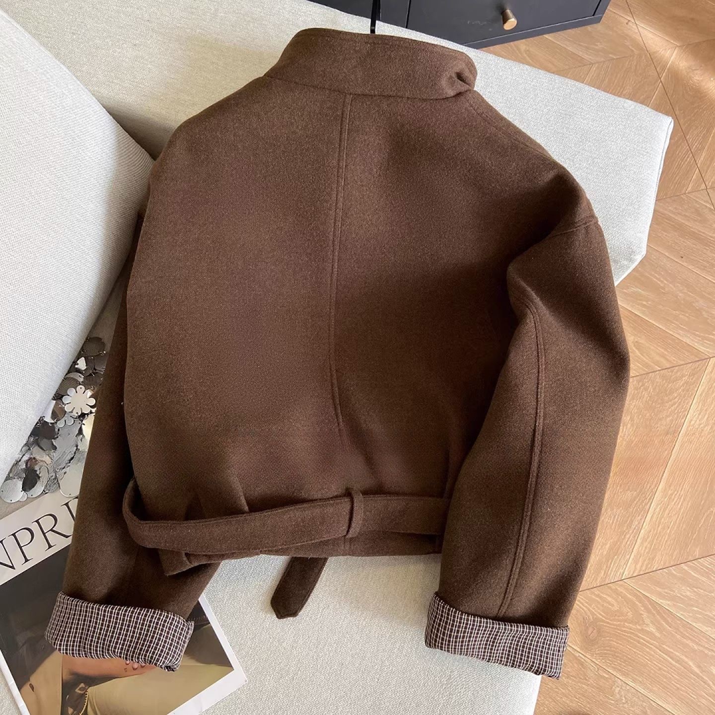 Chic Belted Cropped Wool-Blend Jacket (Brown)