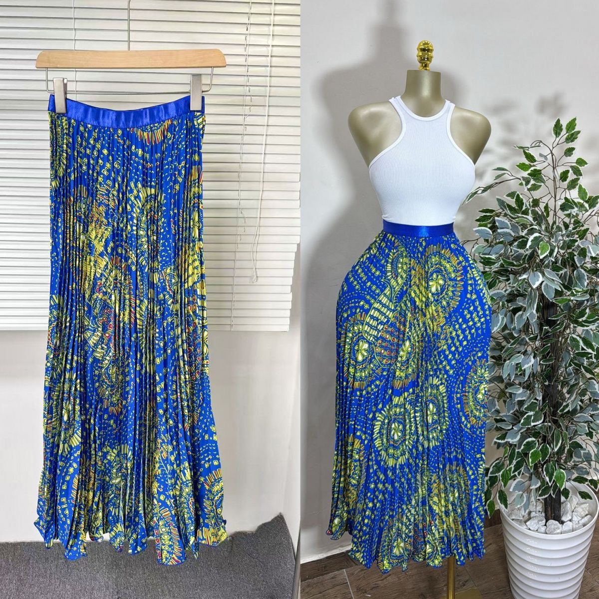 African Print Pleated Midi Skirt