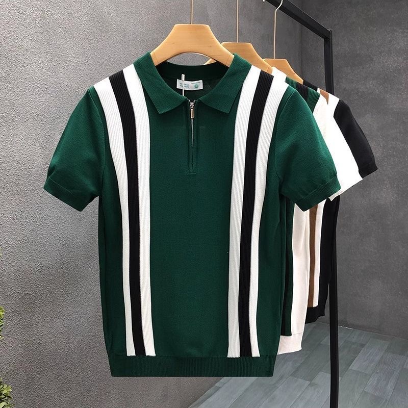 Men’s Contrast Stripe Zip Polo Knit Shirt