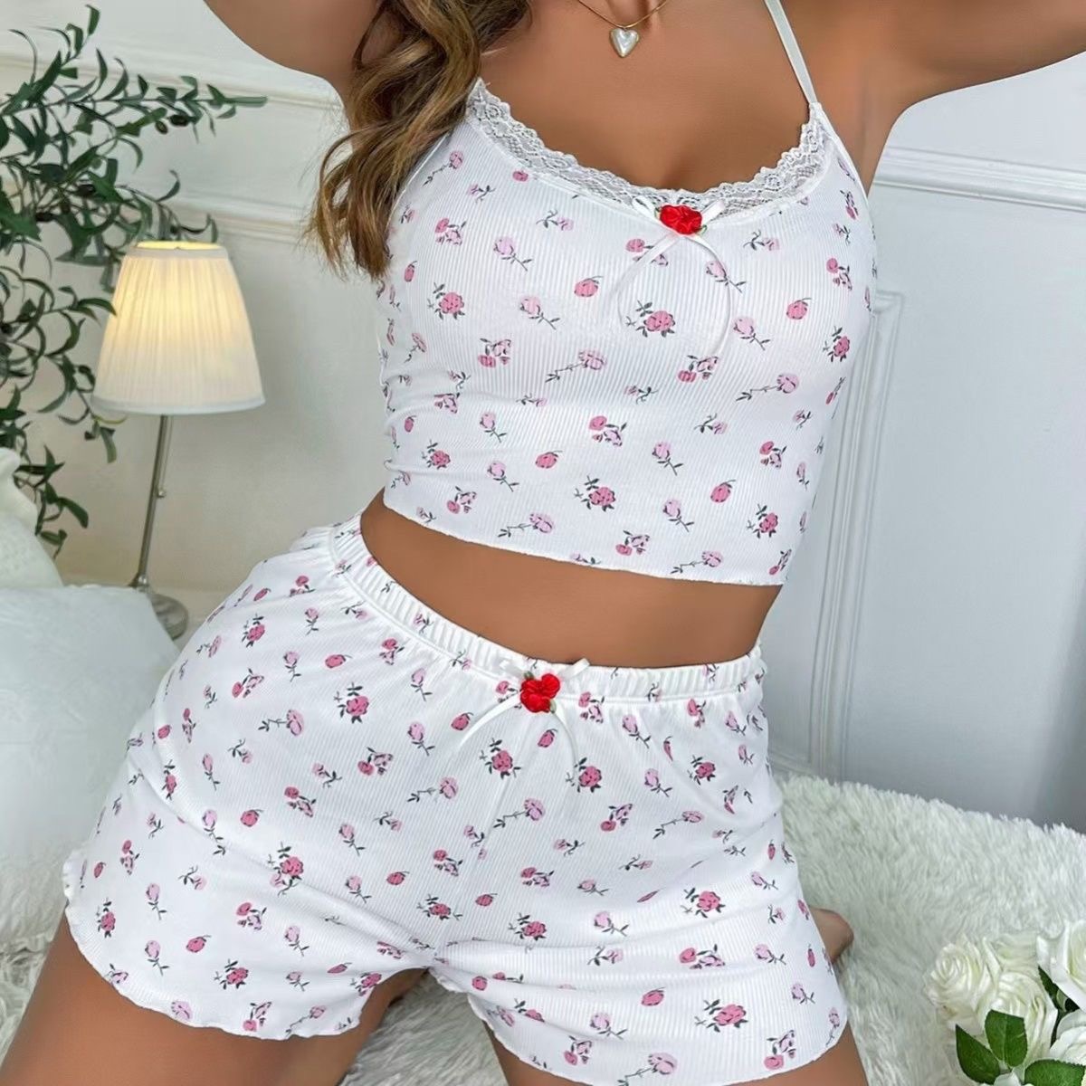 Women’s Floral Ribbed Lace Trim Cami Pajama Set – 2 Piece Sleepwear