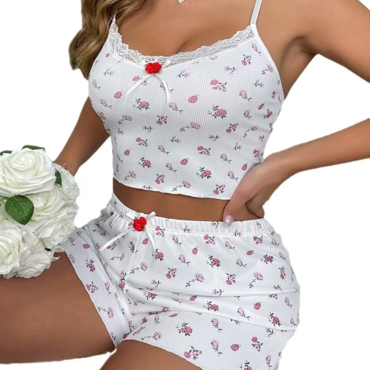 Women’s Floral Ribbed Lace Trim Cami Pajama Set – 2 Piece Sleepwear