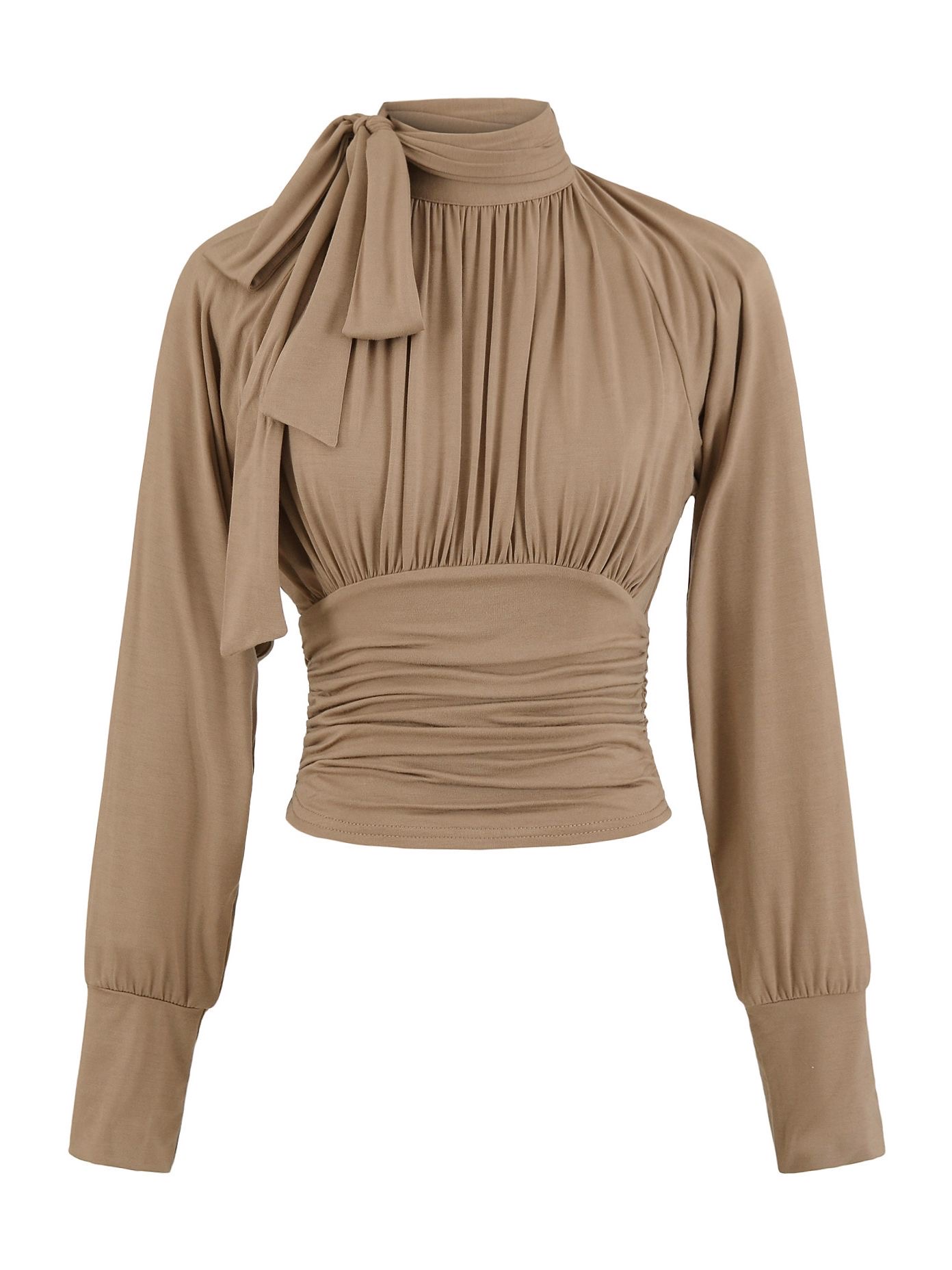 Elegant Ruched Waist Tie-Neck Long Sleeve Blouse