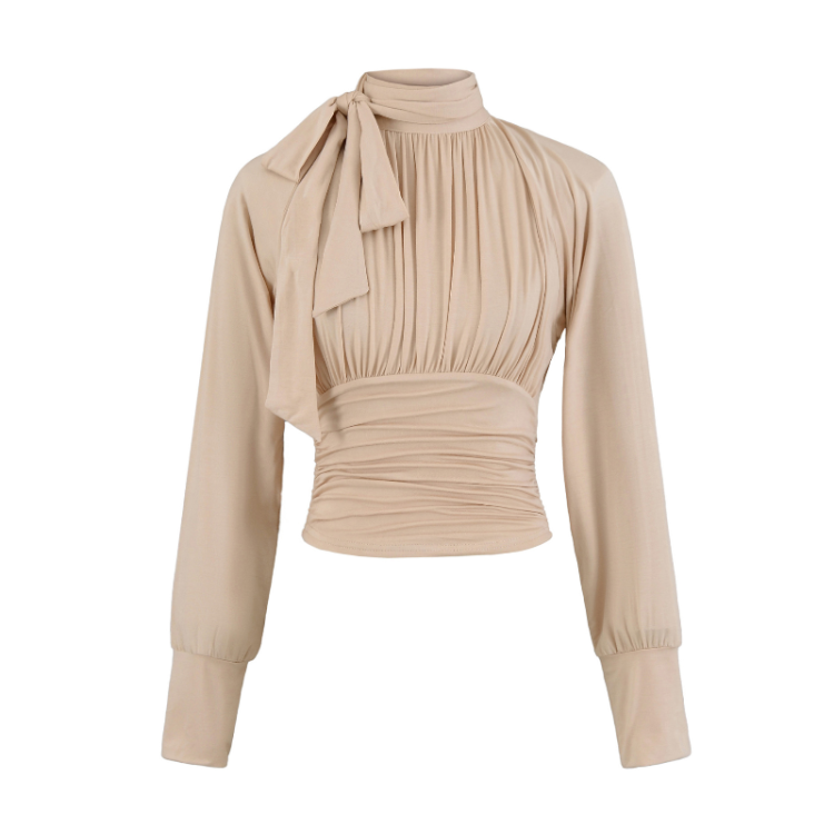 Elegant Ruched Waist Tie-Neck Long Sleeve Blouse