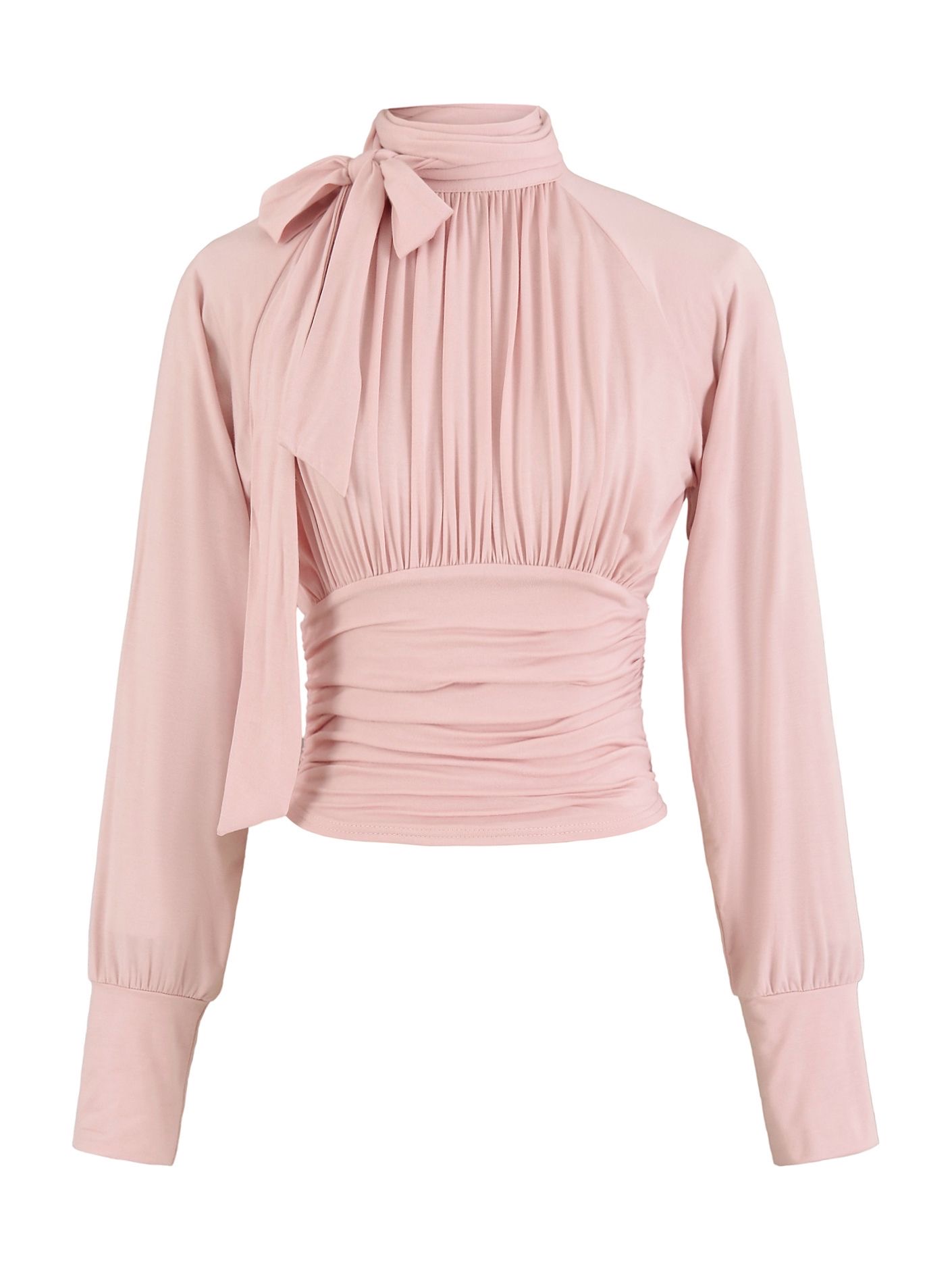 Elegant Ruched Waist Tie-Neck Long Sleeve Blouse