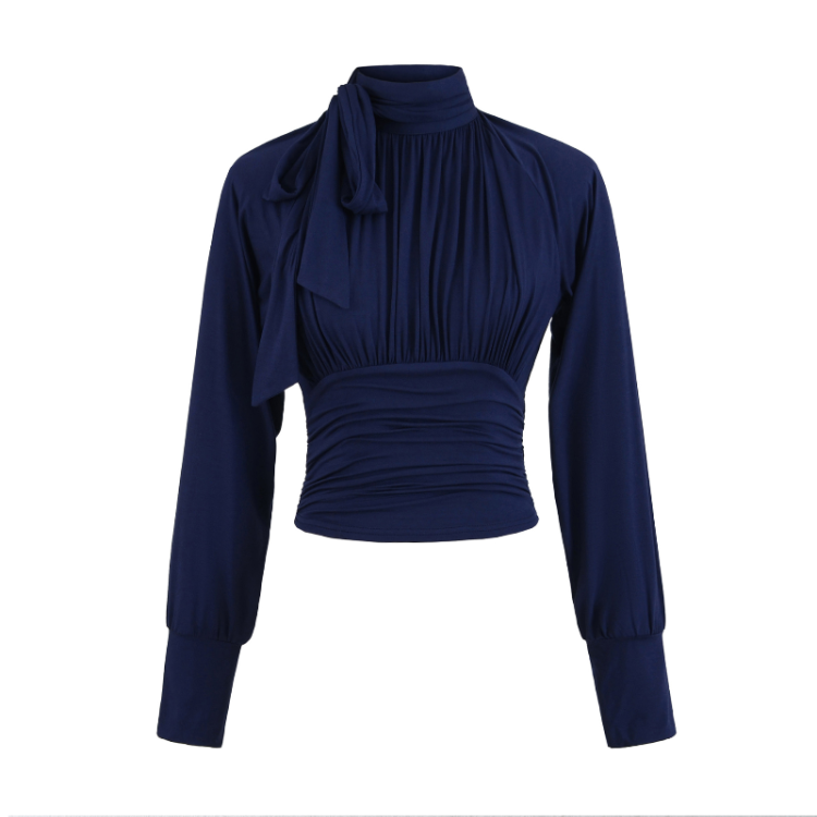 Elegant Ruched Waist Tie-Neck Long Sleeve Blouse