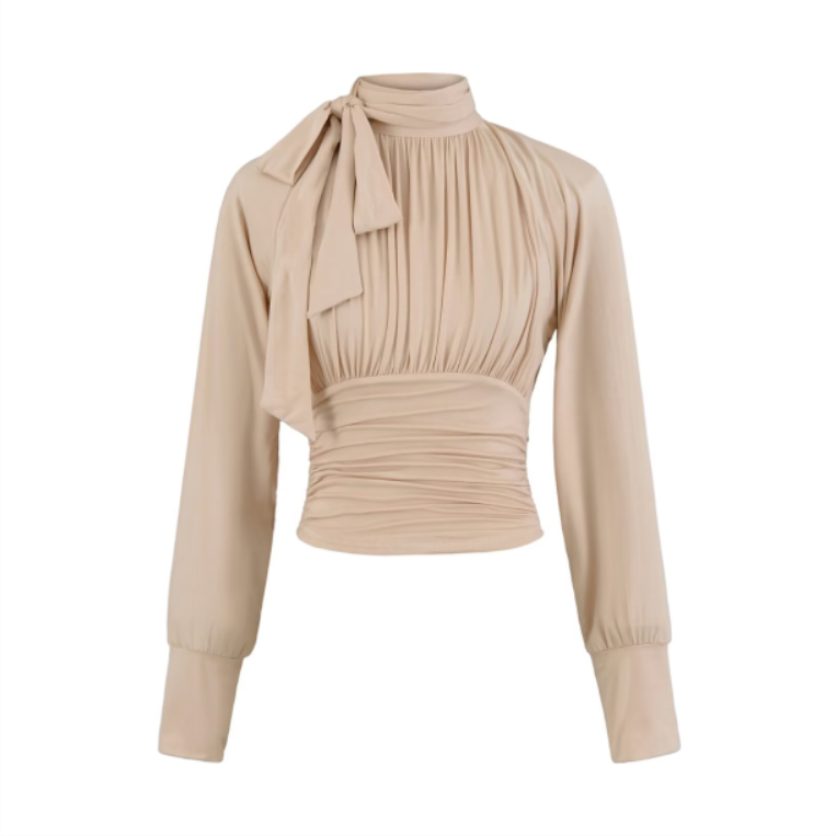 Elegant Ruched Waist Tie-Neck Long Sleeve Blouse
