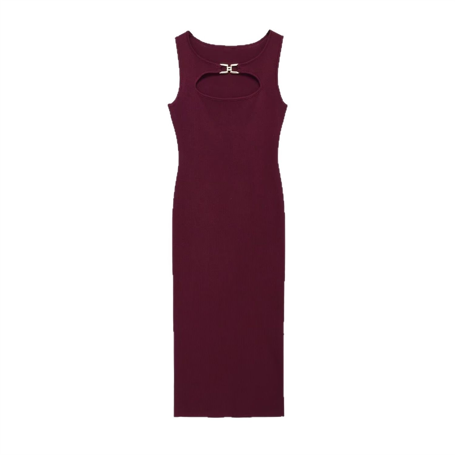 Burgundy Ribbed Cut-Out Buckle Midi Dress