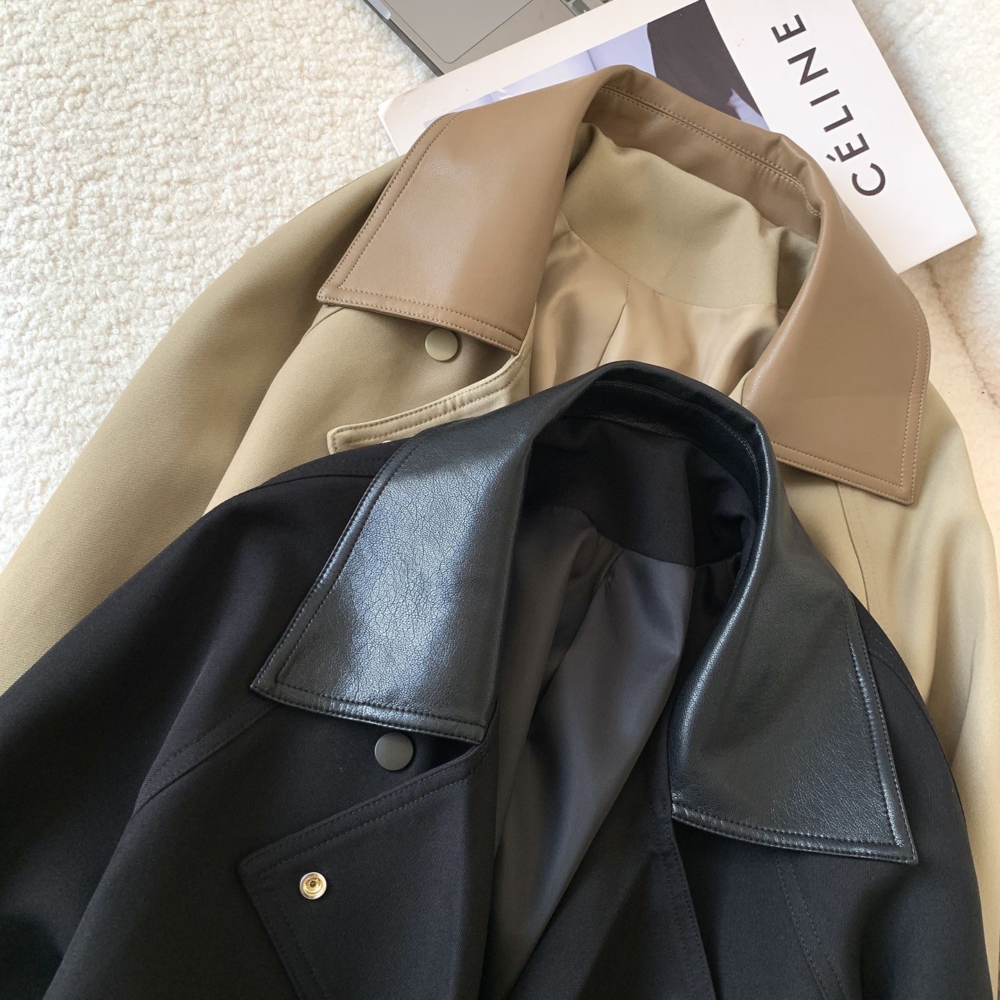 Women leather blend coat
