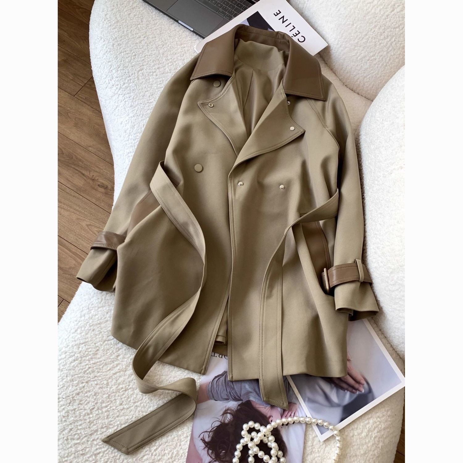 Women leather blend coat