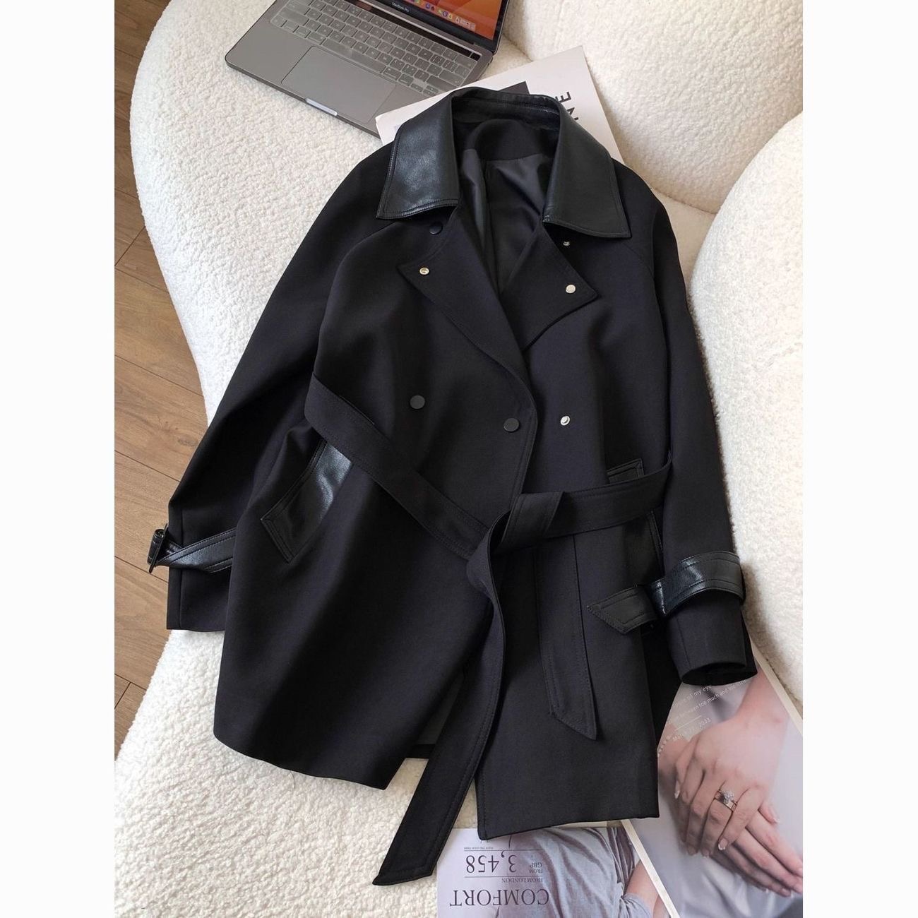 Women leather blend coat