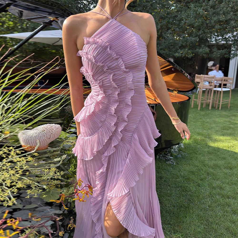 Elegant Pleated Ruffle Halter Dress – Soft Pink