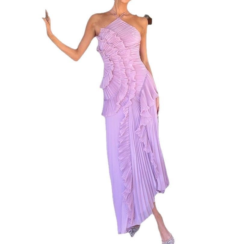 Elegant Pleated Ruffle Halter Dress – Soft Pink