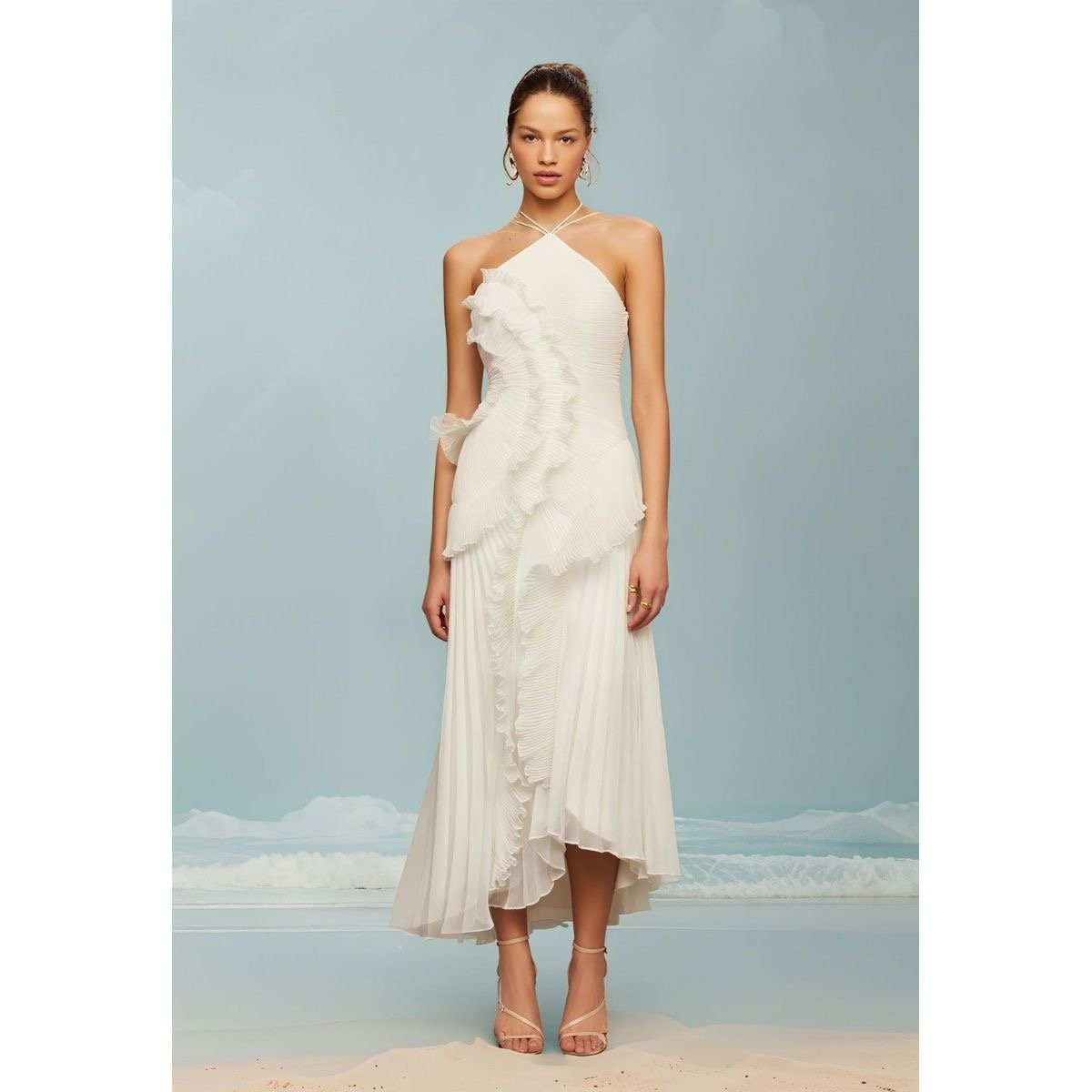 Elegant Pleated Ruffle Halter Dress – Soft Pink
