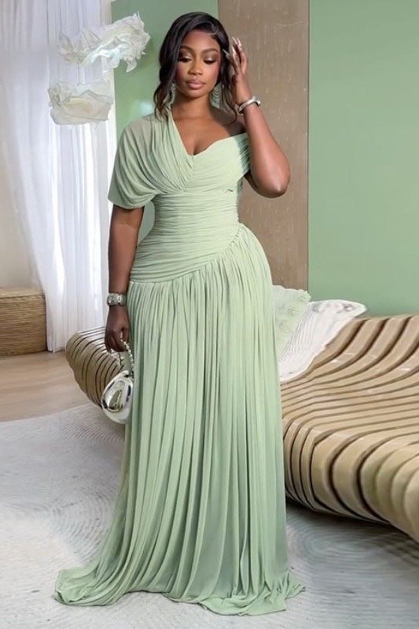 Sage Elegance Pleated Maxi Gown