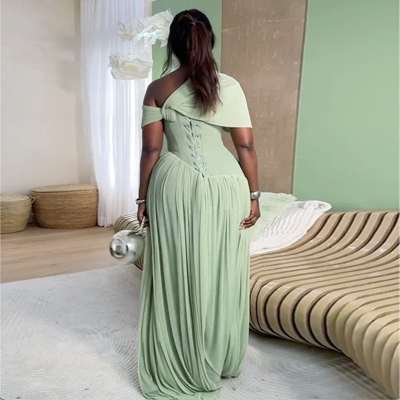 Sage Elegance Pleated Maxi Gown