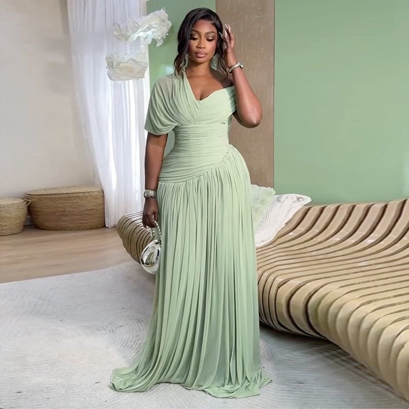 Sage Elegance Pleated Maxi Gown