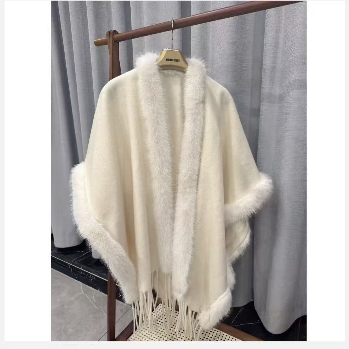 Elegant Faux Fur Trimmed Winter Poncho Cape
