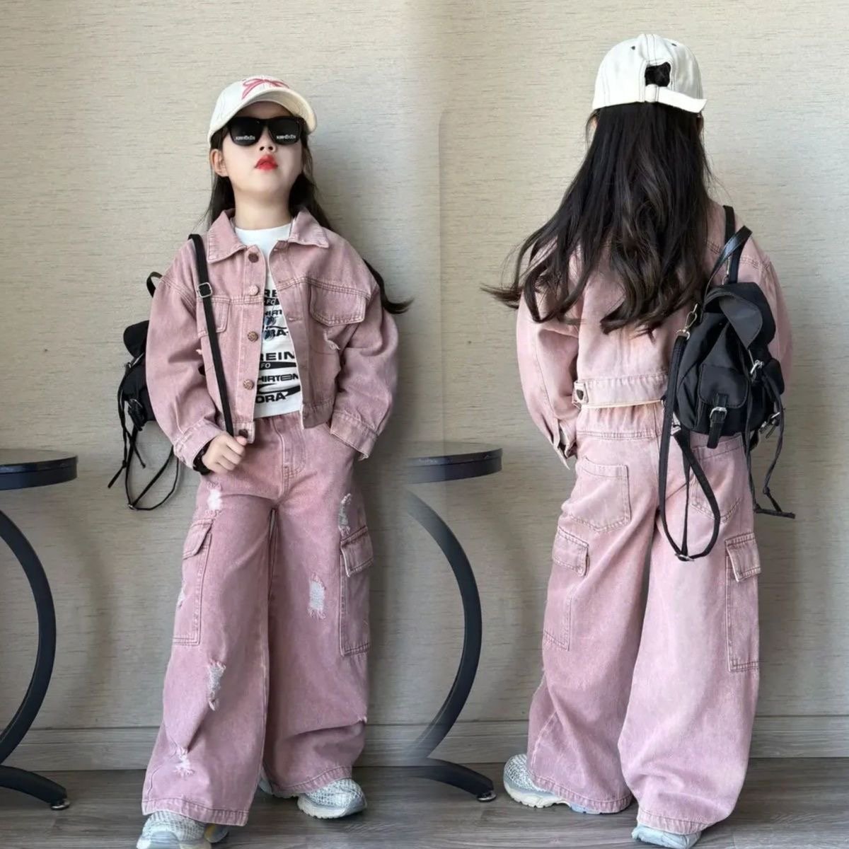 Girls denim set, girls denim jacket and pants, girls denim outfit, kids denim two piece set