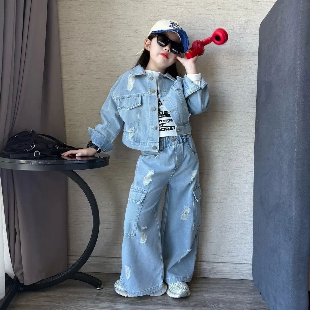 Girls denim set, girls denim jacket and pants, girls denim outfit, kids denim two piece set