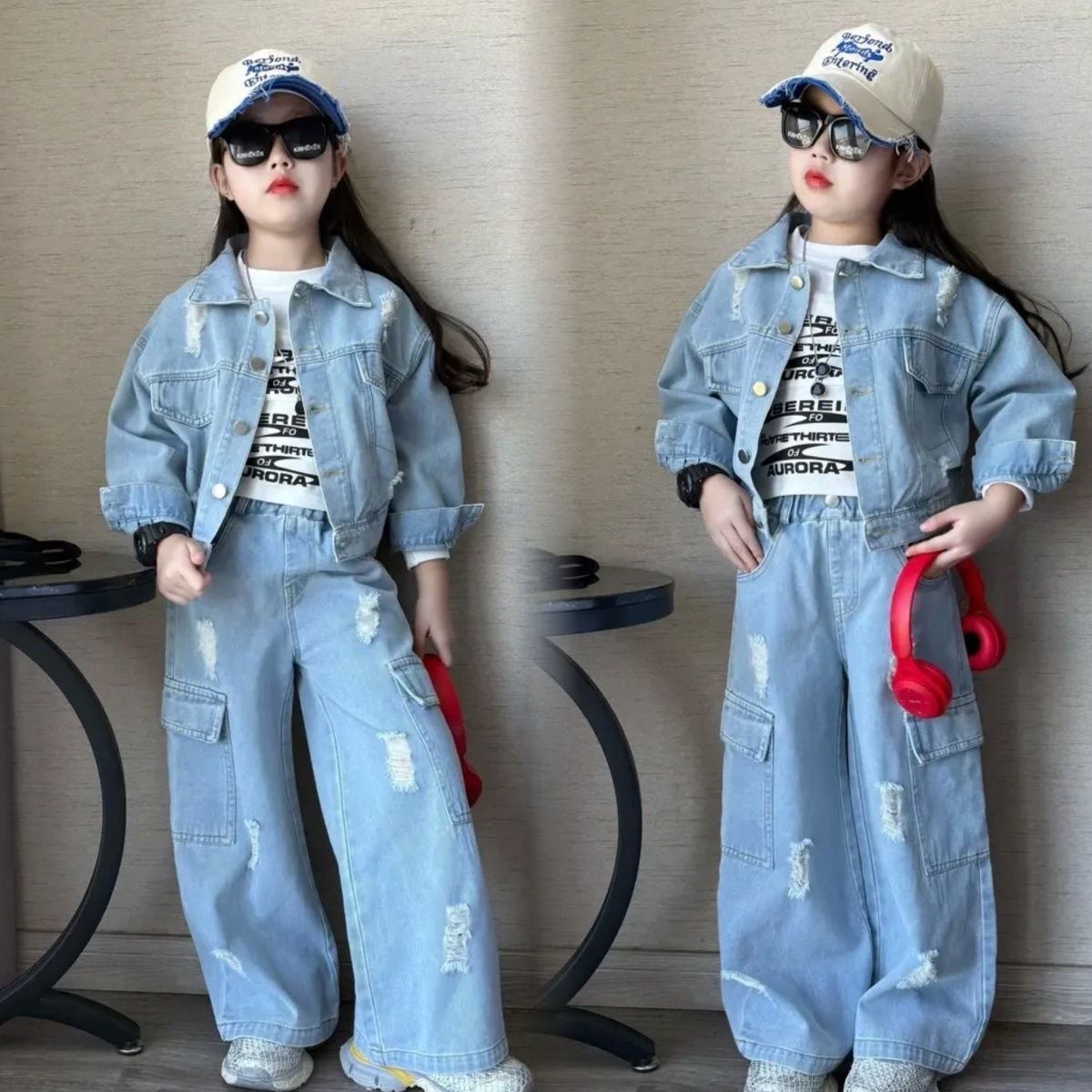 Girls denim set, girls denim jacket and pants, girls denim outfit, kids denim two piece set