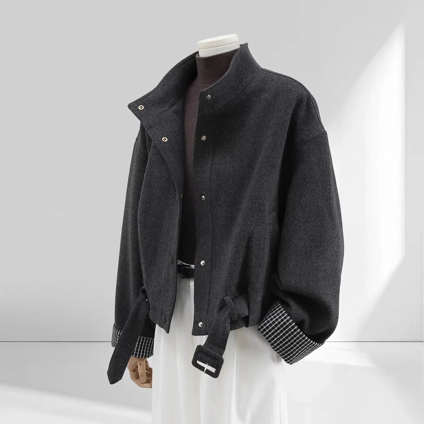 Chic Belted Cropped Wool-Blend Jacket (Brown)