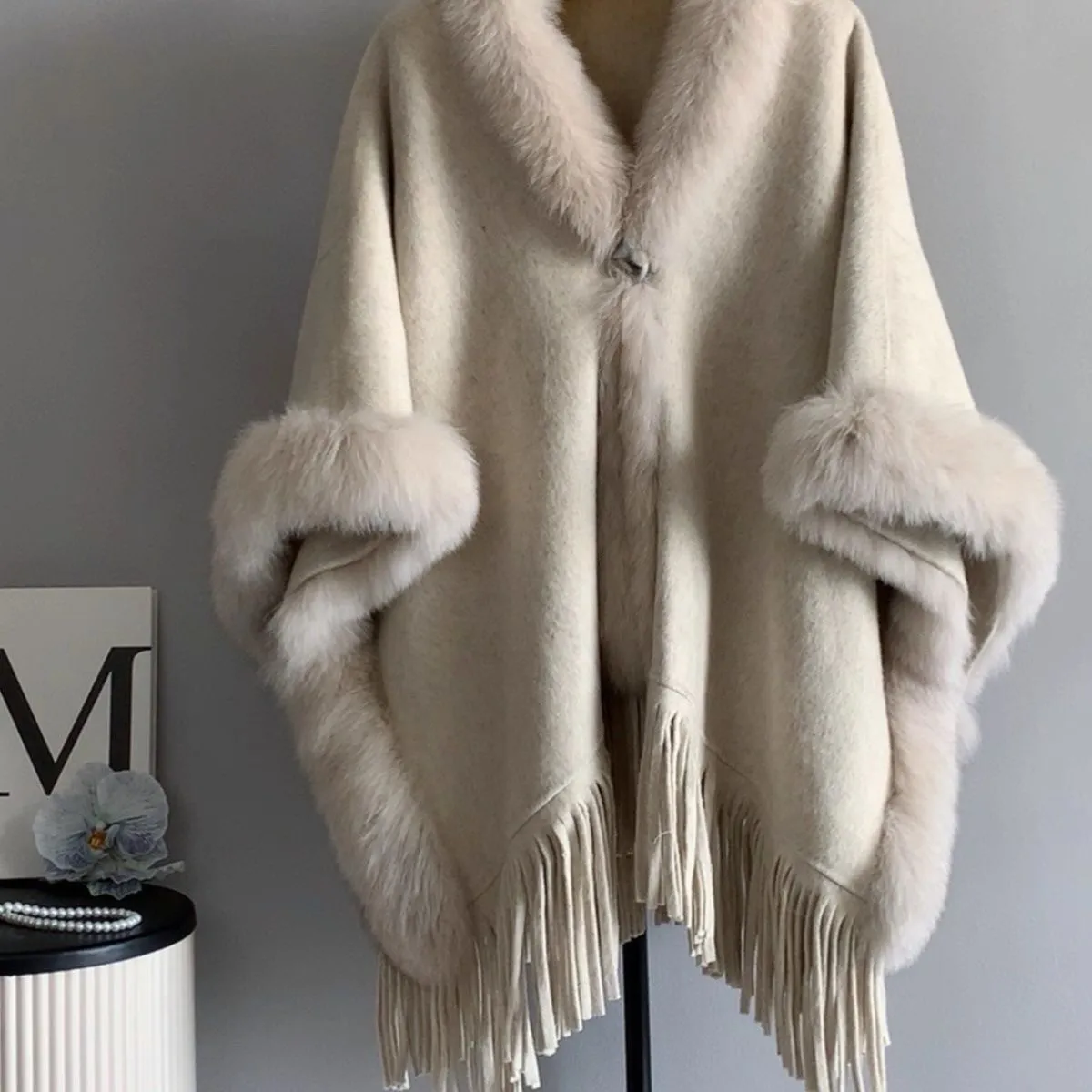 Elegant Faux Fur Trimmed Winter Poncho Cape
